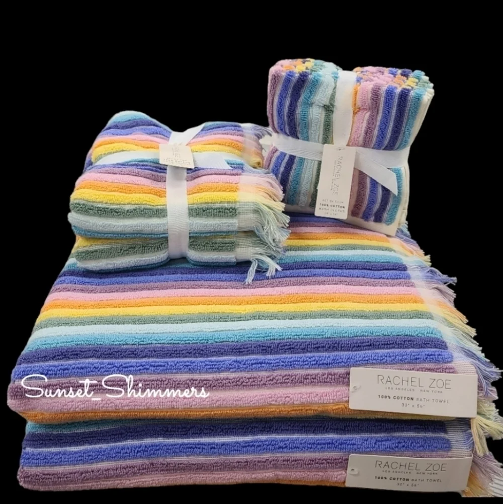8pc Rachel Zoe Cotton Pastel Rainbow Striped Bath Hand Washcloth Towel Set New